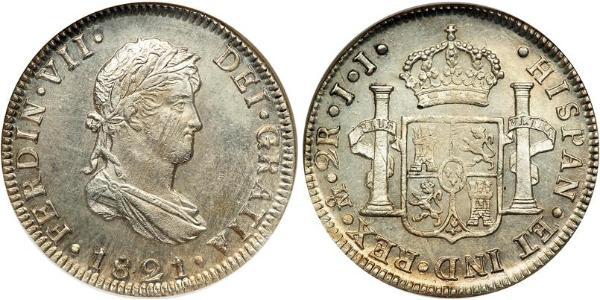 2 Real Primer Imperio Mexicano (1821 - 1823) Plata Fernando VII de España (1784-1833)