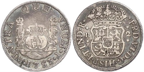 2 Real Peru Silber Ferdinand VI. von Spanien (1713-1759)