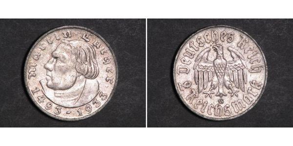 2 Reichsmark Troisième Reich (1933-1945) Argent Martin Luther