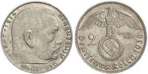 2 Reichsmark Germania nazista (1933-1945) Argento Paul von Hindenburg