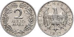 2 Reichsmark Repubblica di Weimar (1918-1933) Argento 