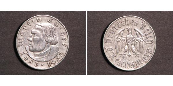 2 Reichsmark Alemania nazi (1933-1945) Plata Martín Lutero