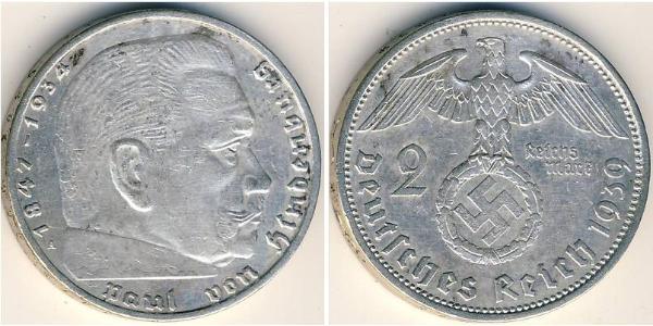 2 Reichsmark Alemania nazi (1933-1945) Plata Paul von Hindenburg