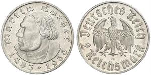 2 Reichsmark Deutsches Reich (1933-1945) Silber Martin Luther