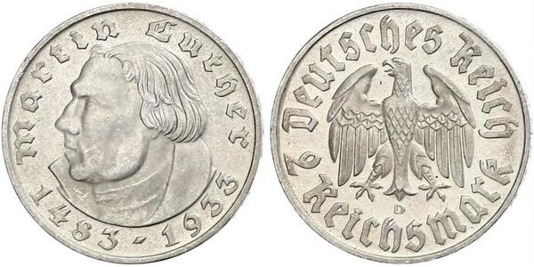 2 Reichsmark Deutsches Reich (1933-1945) Silber Martin Luther