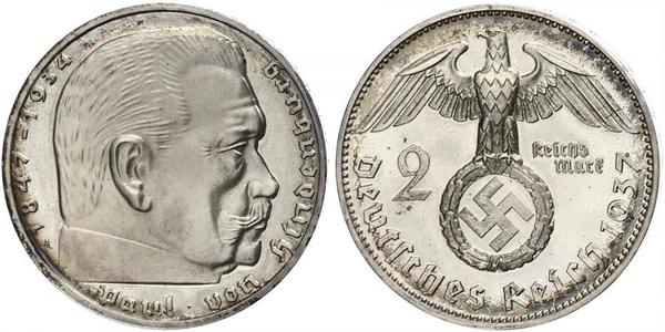 2 Reichsmark Nazi Germany (1933-1945) Silver Paul von Hindenburg