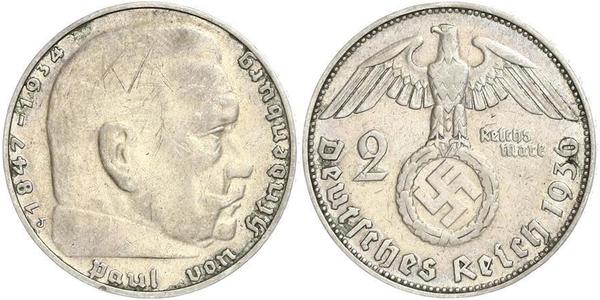 2 Reichsmark Nazi Germany (1933-1945) Silver Paul von Hindenburg