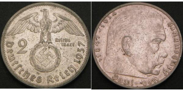 2 Reichsmark Nazi Germany (1933-1945) Silver Paul von Hindenburg