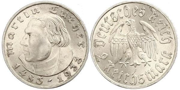 2 Reichsmark Nazi Germany (1933-1945) Silver Martin Luther