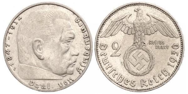 2 Reichsmark Nazi Germany (1933-1945) Silver Paul von Hindenburg