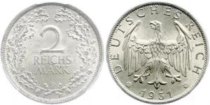 2 Reichsmark Веймарская республика (1918-1933) Серебро 