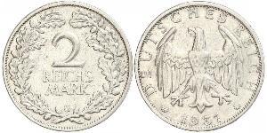 2 Reichsmark Веймарская республика (1918-1933) Серебро 