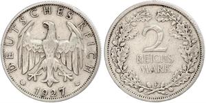 2 Reichsmark Веймарская республика (1918-1933) Серебро 