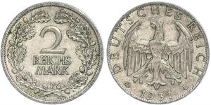 2 Reichsmark Веймарская республика (1918-1933) Серебро 