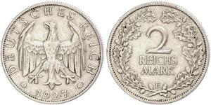 2 Reichsmark Веймарская республика (1918-1933) Серебро 