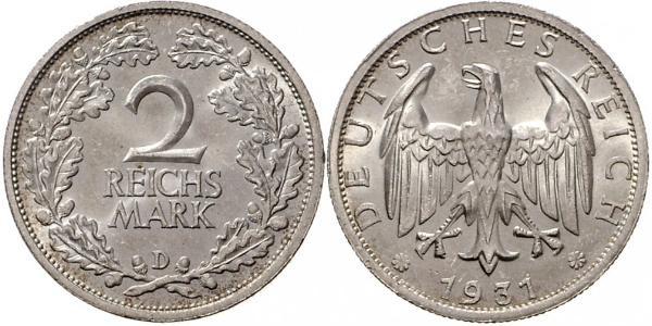 2 Reichsmark Веймарская республика (1918-1933) Серебро 