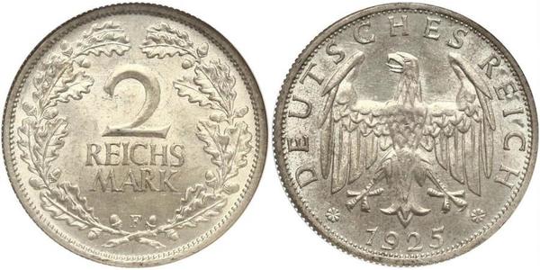 2 Reichsmark Веймарская республика (1918-1933) Серебро 