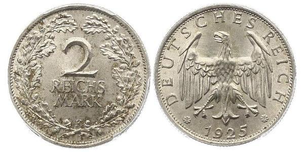 2 Reichsmark Веймарская республика (1918-1933) Серебро 