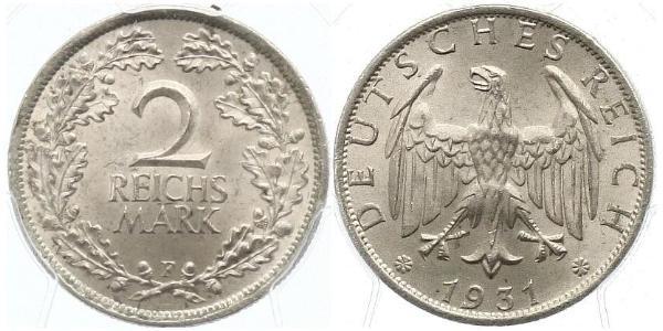 2 Reichsmark Веймарская республика (1918-1933) Серебро 