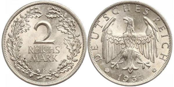 2 Reichsmark Веймарская республика (1918-1933) Серебро 