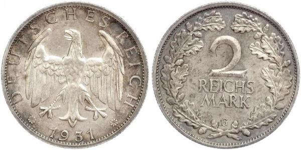 2 Reichsmark Веймарская республика (1918-1933) Серебро 