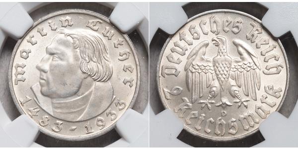 2 Reichsmark Третий рейх (1933-1945) Серебро Лютер, Мартин