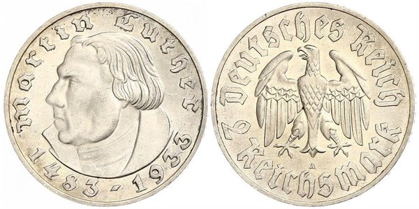 2 Reichsmark Третий рейх (1933-1945) Серебро Лютер, Мартин