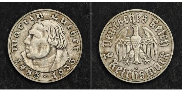 2 Reichsmark Третий рейх (1933-1945) Серебро Лютер, Мартин