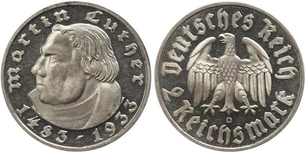 2 Reichsmark Третий рейх (1933-1945) Серебро Лютер, Мартин