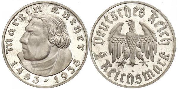 2 Reichsmark Третий рейх (1933-1945) Серебро Лютер, Мартин