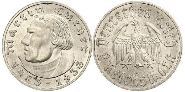 2 Reichsmark Третий рейх (1933-1945) Серебро Лютер, Мартин
