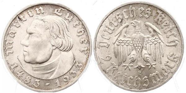 2 Reichsmark Третий рейх (1933-1945) Серебро Лютер, Мартин