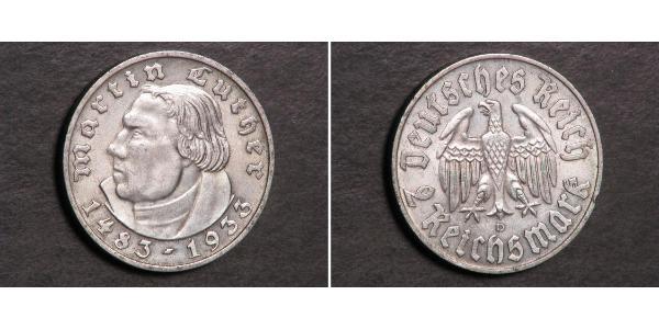 2 Reichsmark 納粹德國 (1933 - 1945) 銀 馬丁·路德