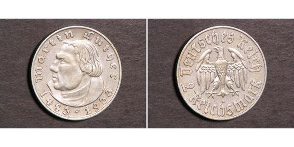 2 Reichsmark 納粹德國 (1933 - 1945) 銀 馬丁·路德