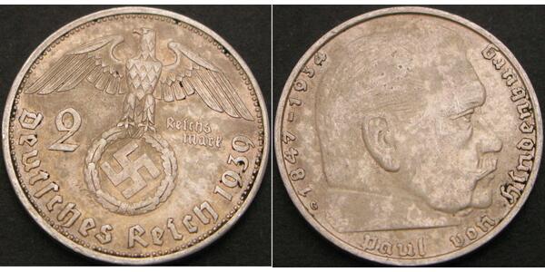 2 Reichsmark 納粹德國 (1933 - 1945) 銀 保罗·冯·兴登堡 (1847 - 1934)