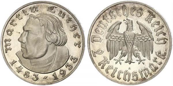 2 Reichsmark 納粹德國 (1933 - 1945) 銀 馬丁·路德