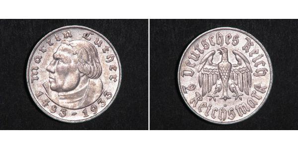 2 Reichsmark 納粹德國 (1933 - 1945) 銀 馬丁·路德