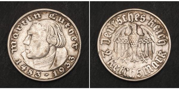 2 Reichsmark 納粹德國 (1933 - 1945) 銀 馬丁·路德
