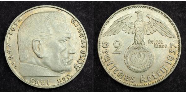 2 Reichsmark 納粹德國 (1933 - 1945) 銀 保罗·冯·兴登堡 (1847 - 1934)