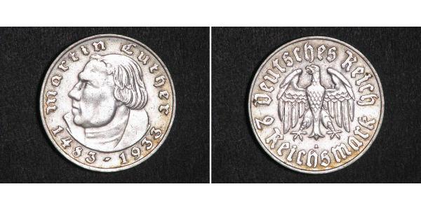 2 Reichsmark 納粹德國 (1933 - 1945) 銀 馬丁·路德