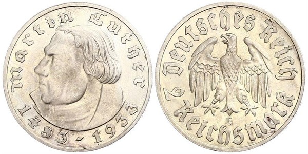 2 Reichsmark 納粹德國 (1933 - 1945) 銀 馬丁·路德