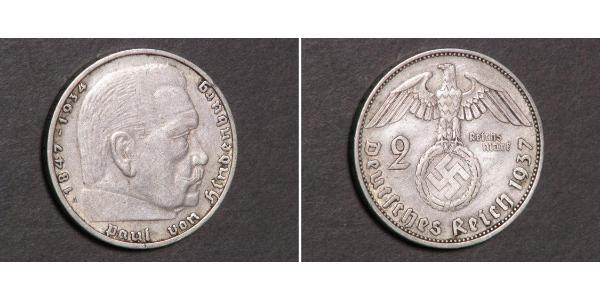 2 Reichsmark 納粹德國 (1933 - 1945) 銀 保罗·冯·兴登堡 (1847 - 1934)