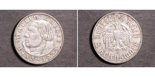 2 Reichsmark 納粹德國 (1933 - 1945) 銀 馬丁·路德