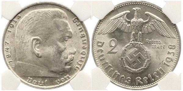 2 Reichsmark 納粹德國 (1933 - 1945) 銀 保罗·冯·兴登堡 (1847 - 1934)