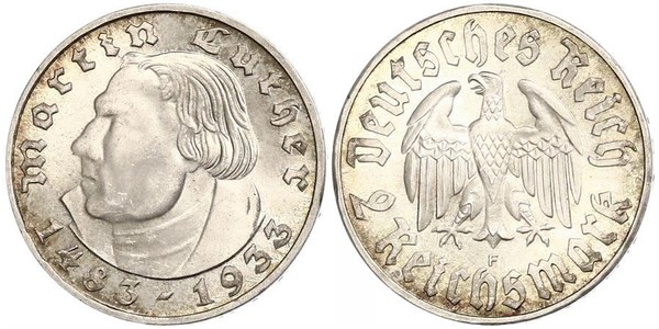 2 Reichsmark 納粹德國 (1933 - 1945) 銀 馬丁·路德