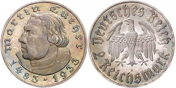2 Reichsmark 納粹德國 (1933 - 1945) 銀 馬丁·路德