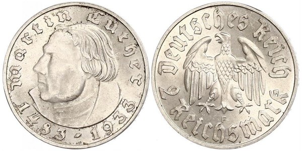 2 Reichsmark 納粹德國 (1933 - 1945) 銀 馬丁·路德