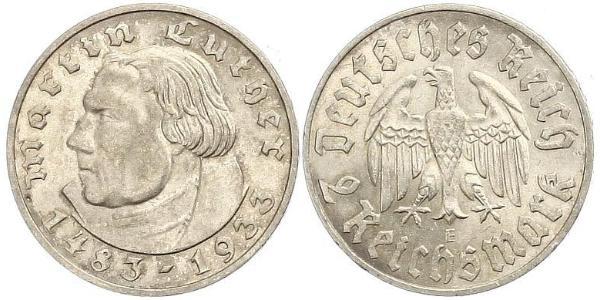 2 Reichsmark 納粹德國 (1933 - 1945) 銀 馬丁·路德