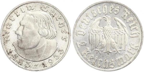 2 Reichsmark 納粹德國 (1933 - 1945) 銀 馬丁·路德