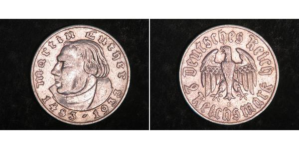 2 Reichsmark 納粹德國 (1933 - 1945) 銀 馬丁·路德